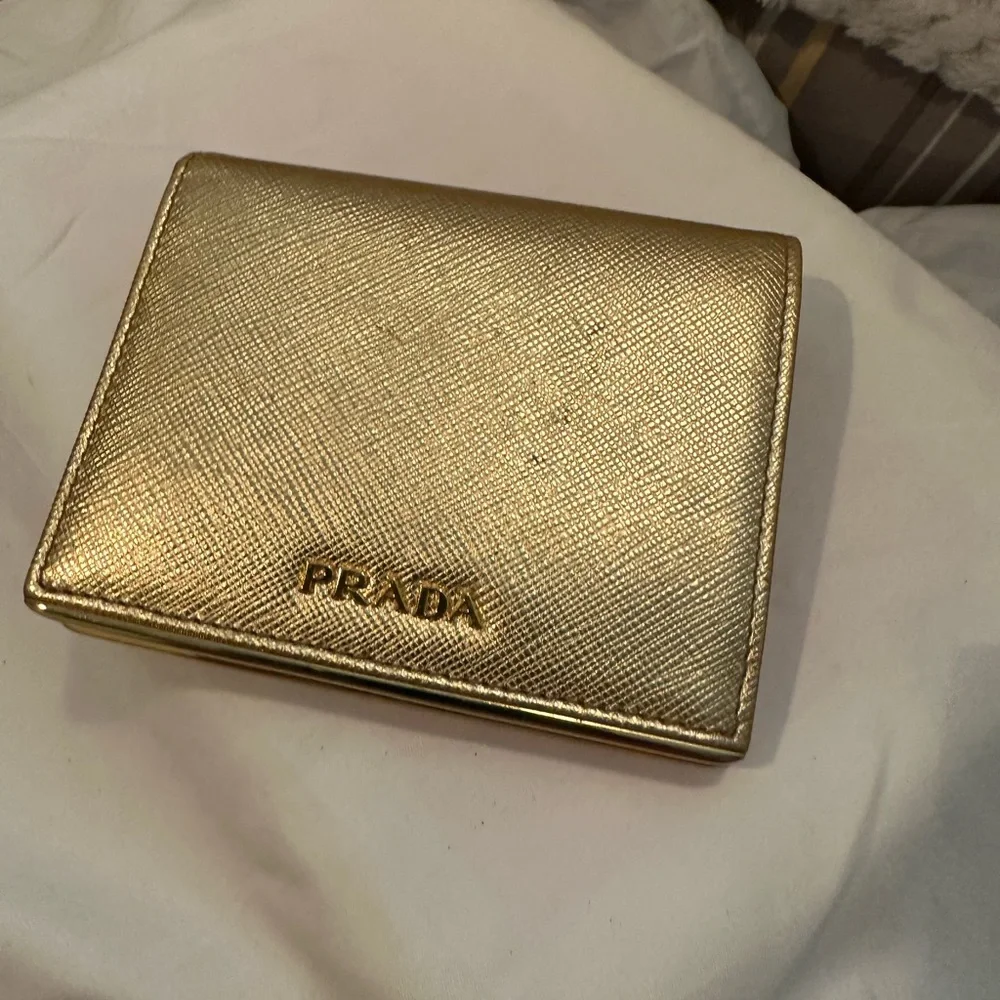 Authentic PRADA Gold Genuine Saffiano Leather Compact Wallet Pre-owned